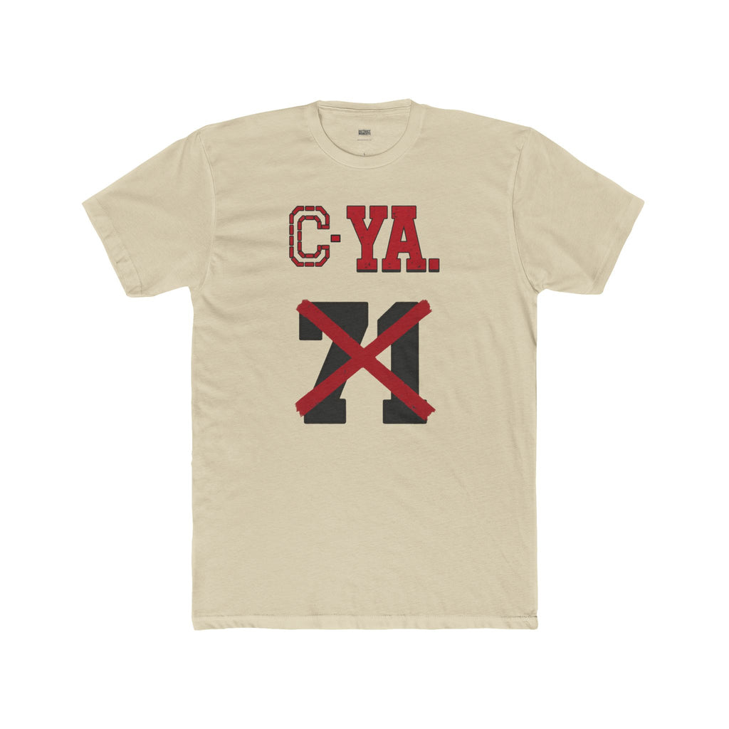 Inside neck of the solid cream C-YA. 71 tee with navy Detroit Moments maker mark and provider care label.