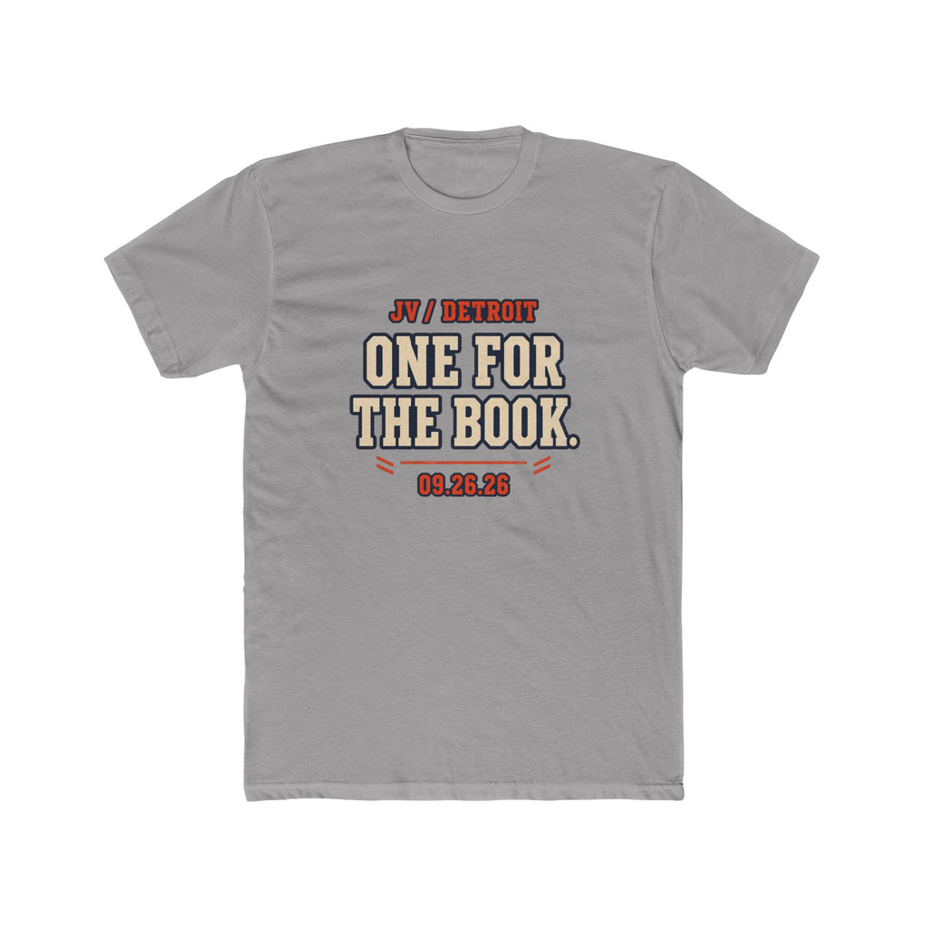 JV / One for the Book design on solid light grey fitted tee, front view