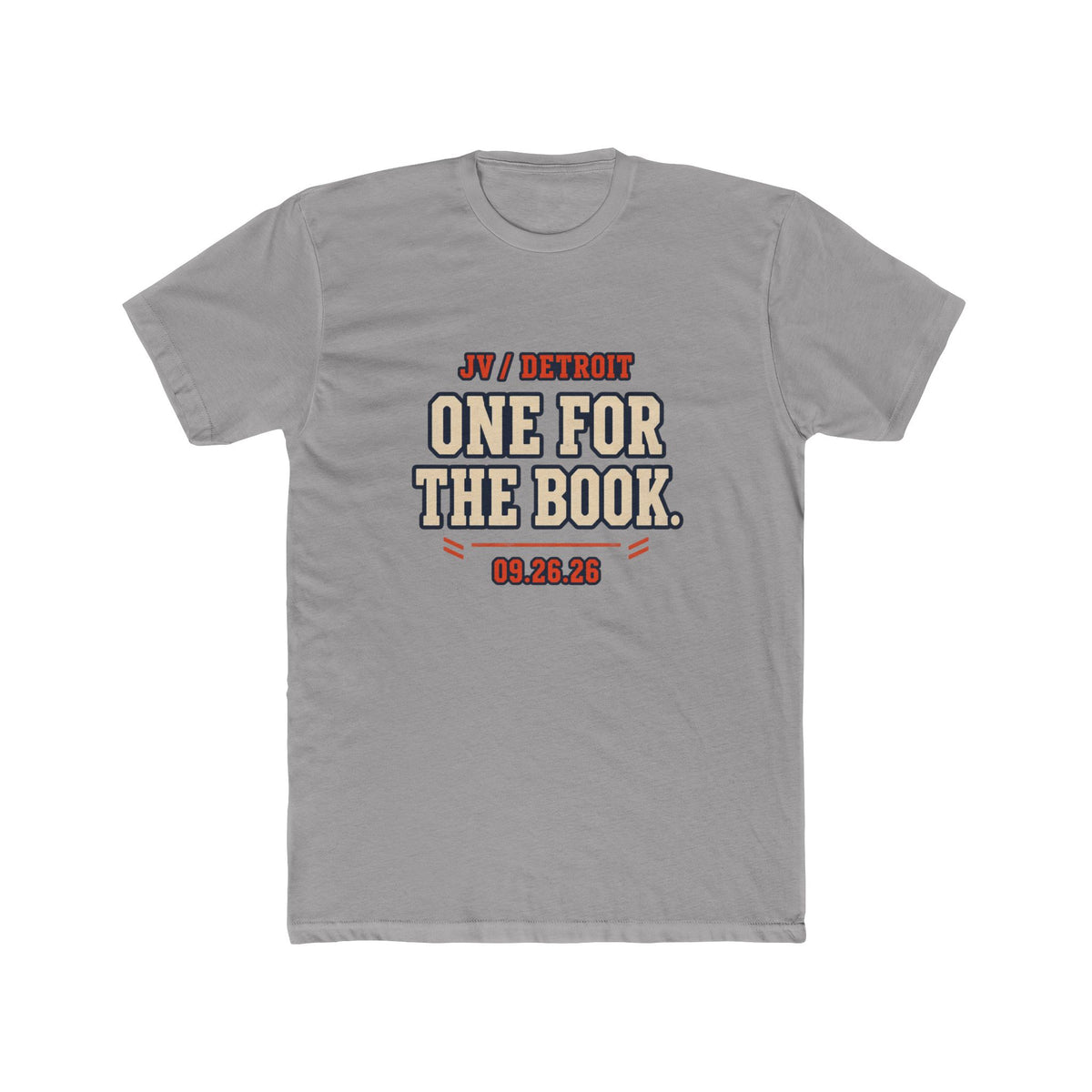 JV / One for the Book design on solid light grey fitted tee, front view
